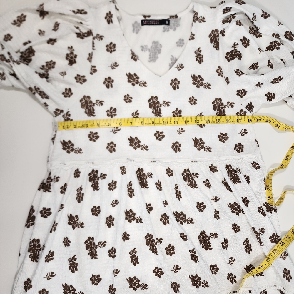 Mikarose Dress Floral Size M White/Brown Spring Tiered Cloud Dress Pockets Lace - Picture 4 of 12